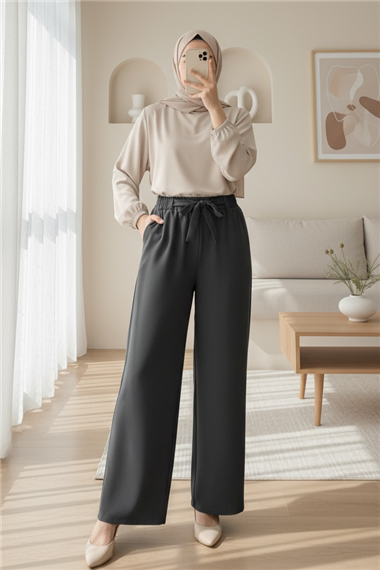 Duble Kumaş Beli Kuşaklı Bol Paça Pantolon    -Füme