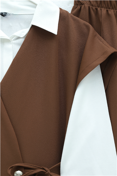 Düğme Detaylı Çift Bağcıklı Yelek Pantolon Double Krep Takım -Taba