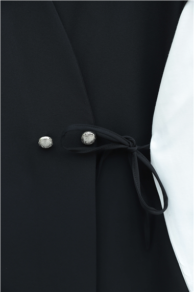Womens Button-Detail Double Drawstring Vest Pants Double-Fabric Crepe Set - Black