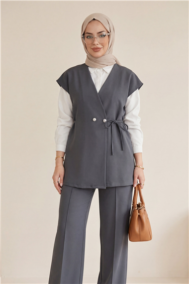Düğme Detaylı Çift Bağcıklı Yelek Pantolon Double Krep Takım -Füme