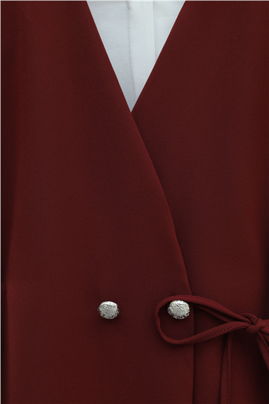 Düğme Detaylı Çift Bağcıklı Yelek Pantolon Double Krep Takım -Bordo