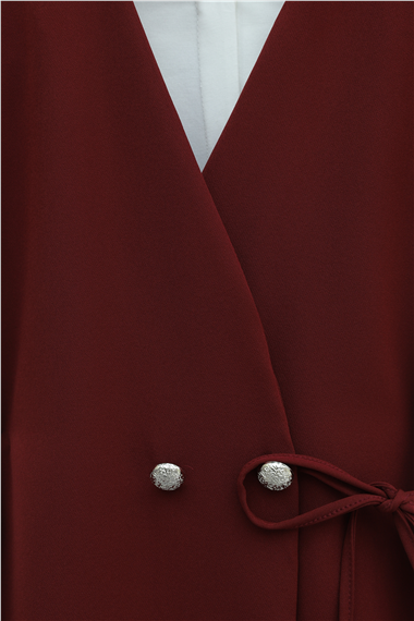 Düğme Detaylı Çift Bağcıklı Yelek Pantolon Double Krep Takım -Bordo