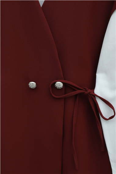 Düğme Detaylı Çift Bağcıklı Yelek Pantolon Double Krep Takım -Bordo