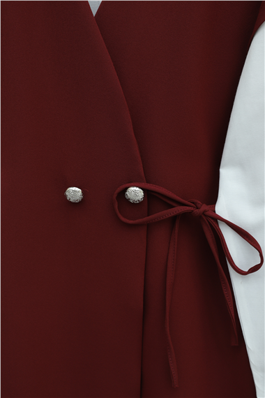 Düğme Detaylı Çift Bağcıklı Yelek Pantolon Double Krep Takım -Bordo