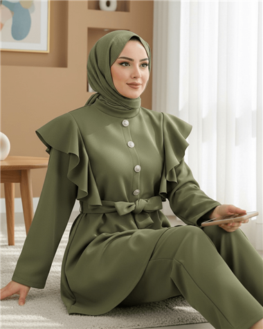 Düğme Detaylı Dik Yaka Omuzu Fırfırlı Scuba Takım    -Haki