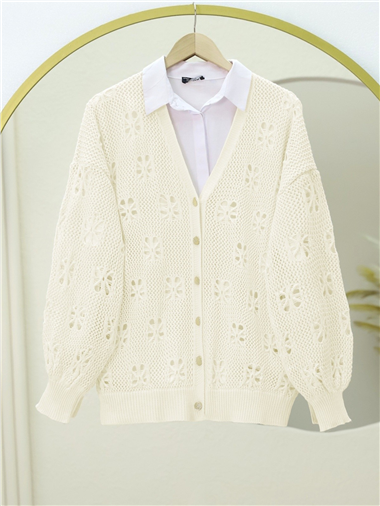 Düğmeli Ajurlu Araboy Triko Hırka  -Ekru