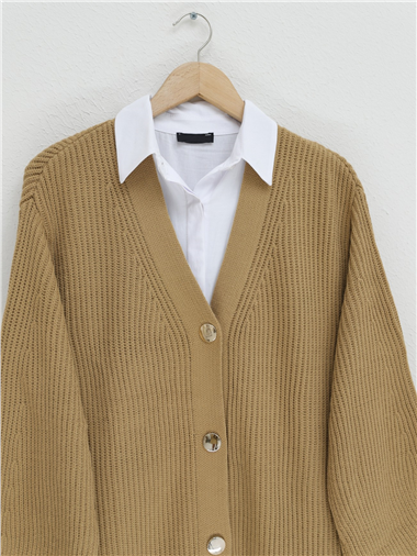 Düğmeli Ara Boy Triko Hırka -Vizon