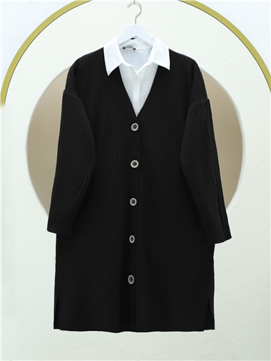 Düğmeli Araboy Triko Hırka -Siyah