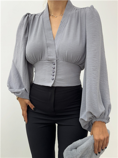 Düğmeli Arkası Lastikli Balon Kol Sandy Crop    -Gri