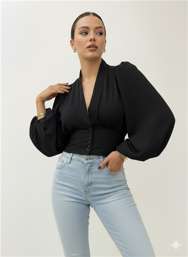 Düğmeli Arkası Lastikli Balon Kol Sandy Crop -Siyah