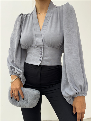 Düğmeli Arkası Lastikli Balon Kol Sandy Crop    -Gri