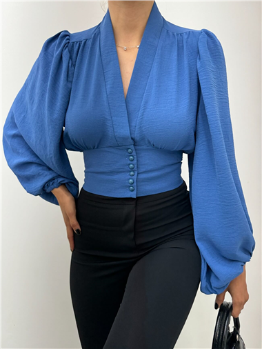Düğmeli Arkası Lastikli Balon Kol Sandy Crop    -İndigo