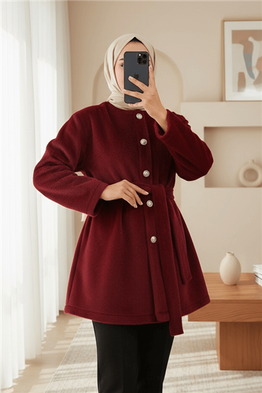 Düğmeli Beli Bağlamalı Kürklü Ceket  -Bordo
