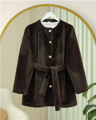 Düğmeli Beli Bağlamalı Kürklü Ceket  -K. Kahve