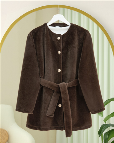 Düğmeli Beli Bağlamalı Kürklü Ceket   -Toprak