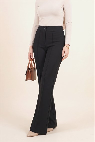 Düğmeli Beli Lastikli Likralı Palazzo Pantolon -Siyah