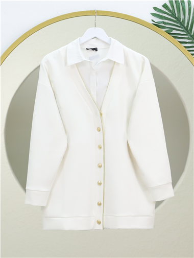 Düğmeli Biyeli Oysho Hırka -Beyaz