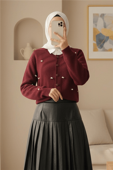 Düğmeli Çiçek Detaylı Yumoş Hırka -Bordo
