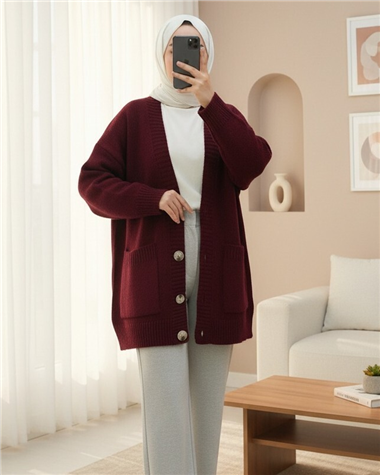 Womens Button-Front Two-Pocket Relaxed Knit Cardigan - Burgundy