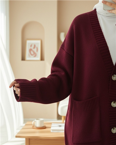 Womens Button-Front Two-Pocket Relaxed Knit Cardigan - Burgundy