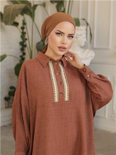 Düğmeli Dantel İşlemeli Salaş Keten Tunik  -Taba