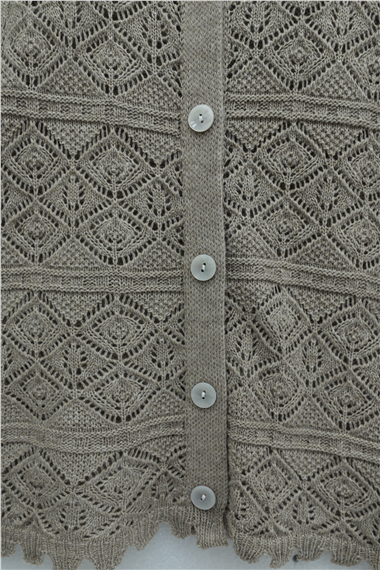 Düğmeli Desenli Ajurlu Triko Hırka  -Açık Kahve