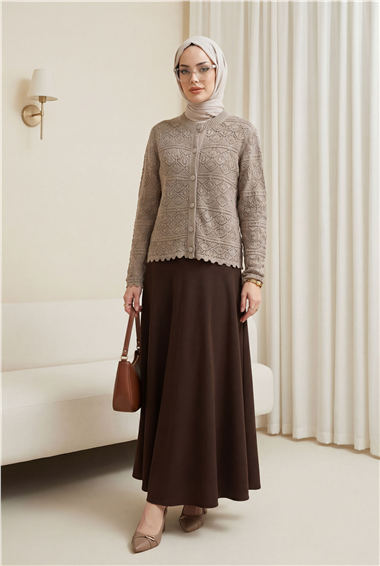 Düğmeli Desenli Ajurlu Triko Hırka  -Açık Kahve