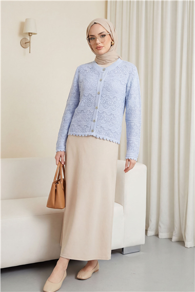 Düğmeli Desenli Ajurlu Triko Hırka  -Bebe Mavi