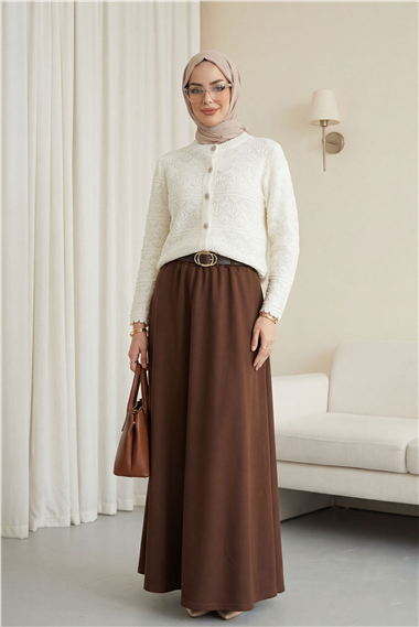 Düğmeli Desenli Ajurlu Triko Hırka  -Beyaz