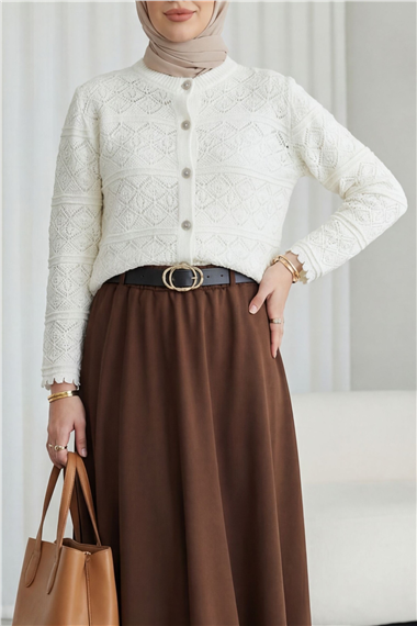 Düğmeli Desenli Ajurlu Triko Hırka  -Beyaz