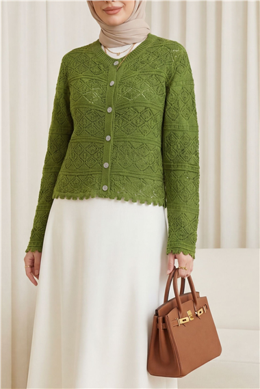 Düğmeli Desenli Ajurlu Triko Hırka  -Haki