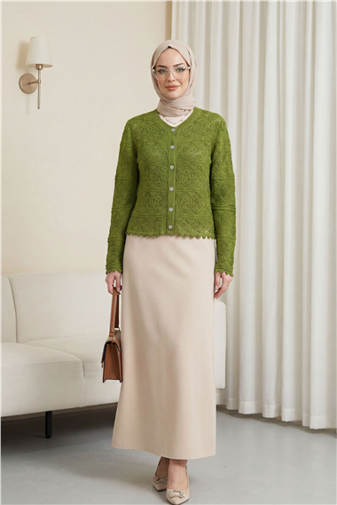 Düğmeli Desenli Ajurlu Triko Hırka  -Haki