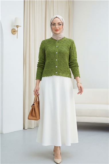 Düğmeli Desenli Ajurlu Triko Hırka  -Haki