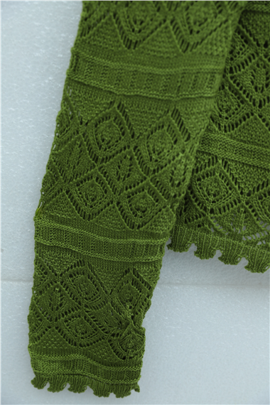 Düğmeli Desenli Ajurlu Triko Hırka  -Haki