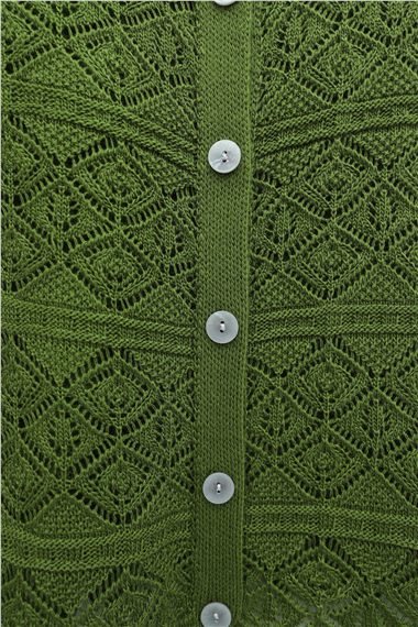 Düğmeli Desenli Ajurlu Triko Hırka  -Haki