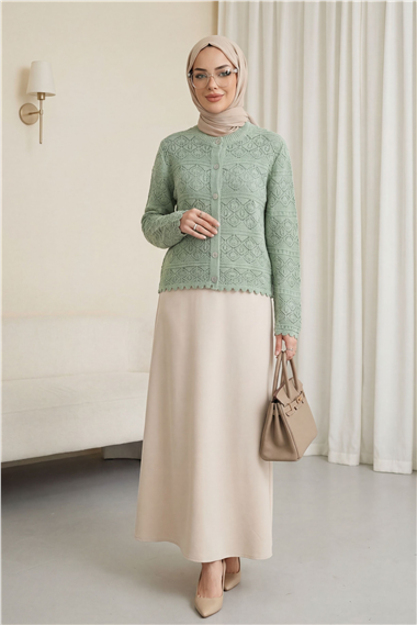 Düğmeli Desenli Ajurlu Triko Hırka  -Mint