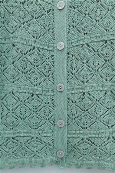 Düğmeli Desenli Ajurlu Triko Hırka  -Mint