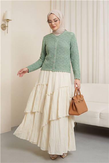 Düğmeli Desenli Ajurlu Triko Hırka  -Mint