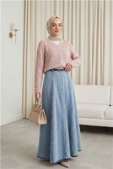 Düğmeli Desenli Ajurlu Triko Hırka  -Pudra