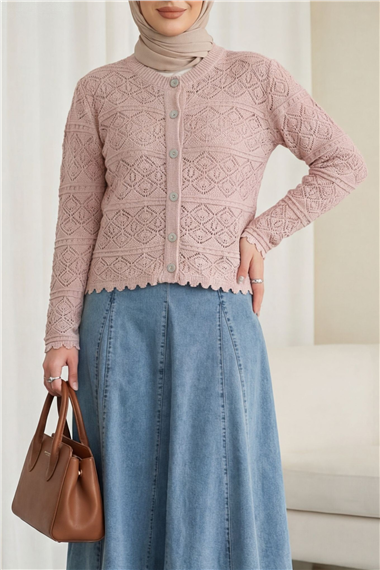 Düğmeli Desenli Ajurlu Triko Hırka  -Pudra