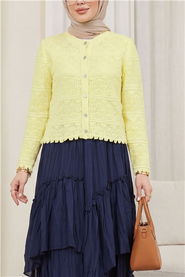 Düğmeli Desenli Ajurlu Triko Hırka  -Sarı