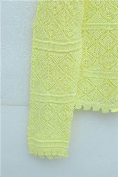 Düğmeli Desenli Ajurlu Triko Hırka  -Sarı