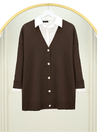 Düğmeli Fitilli Triko Hırka  -K. Kahve