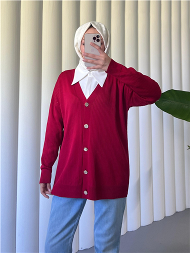 Düğmeli Fitilli Triko Hırka  -Kırmızı