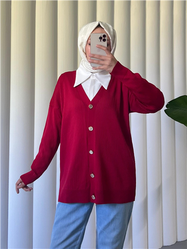 Düğmeli Fitilli Triko Hırka  -Kırmızı