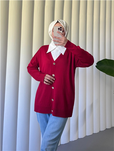 Düğmeli Fitilli Triko Hırka  -Kırmızı