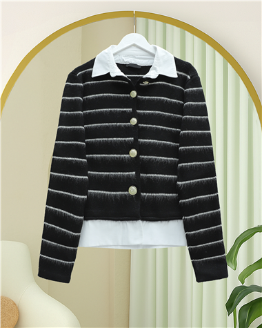 Düğmeli Gömlek Detaylı Triko Hırka -Siyah