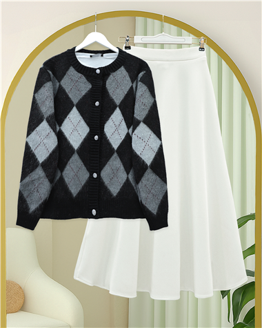 Düğmeli Kare Desenli Çift Kat Triko Hırka -Siyah