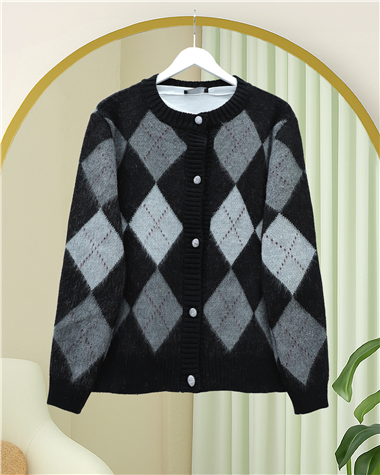 Düğmeli Kare Desenli Çift Kat Triko Hırka -Siyah