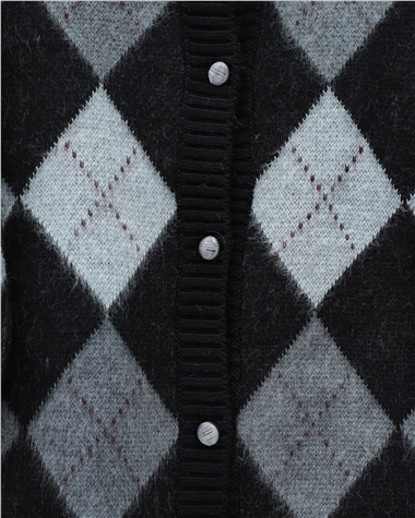 Düğmeli Kare Desenli Çift Kat Triko Hırka -Siyah